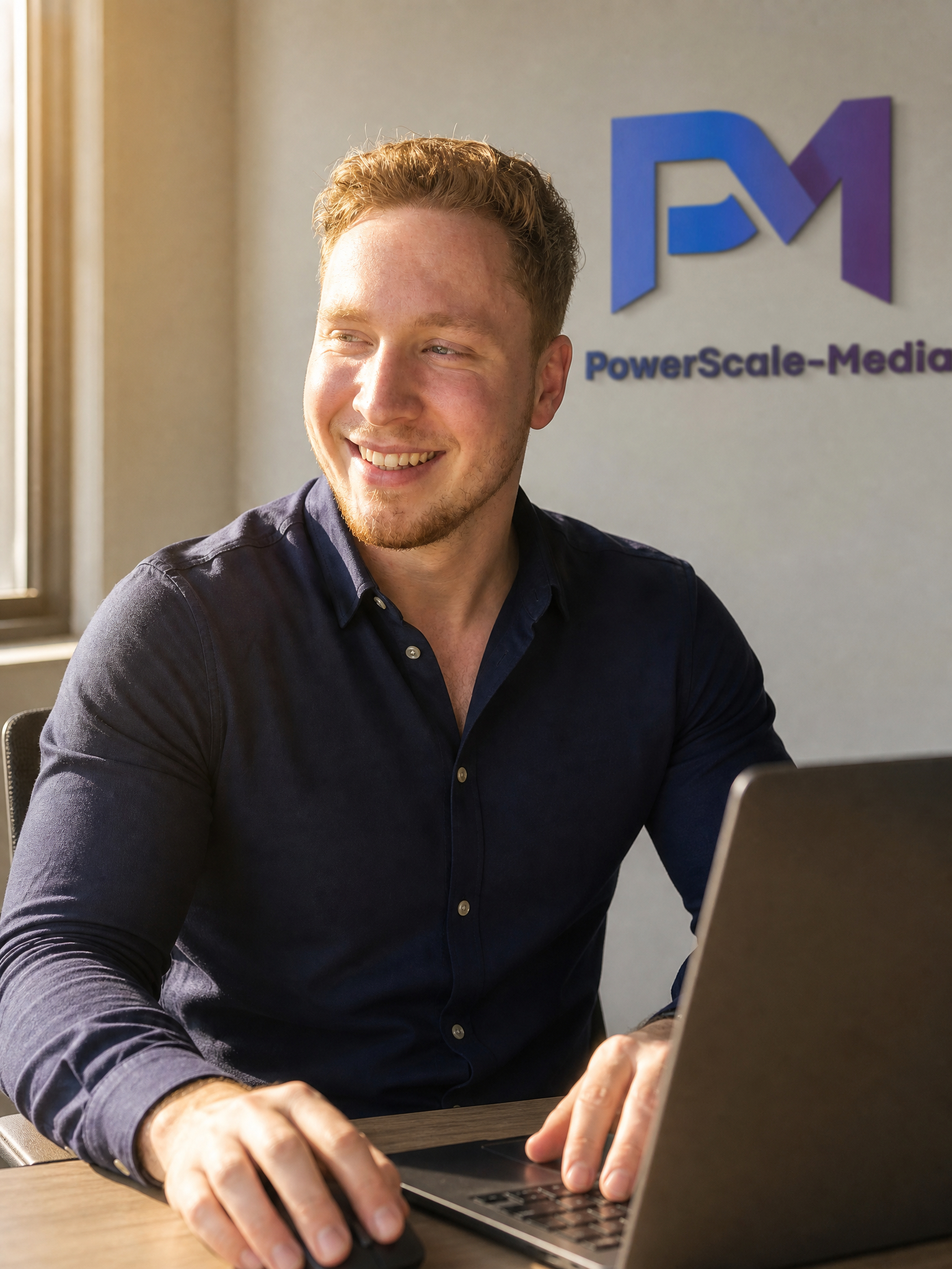 Paulius Sapranauskas am Arbeitsplatz mit PowerScale Media Logo